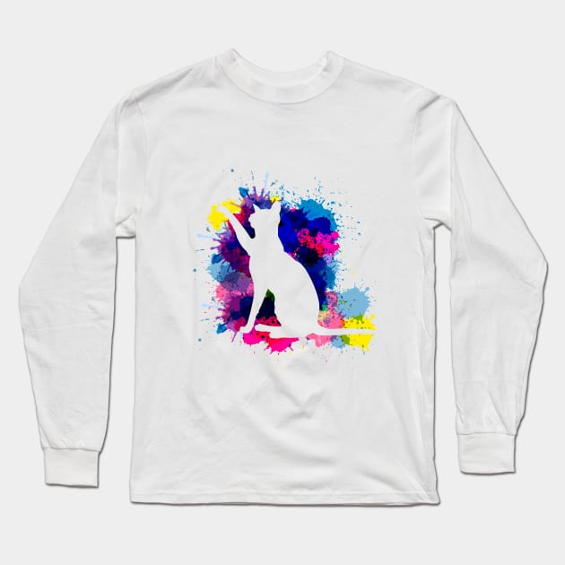 Splatter Cat, Colorful kitty, cat lover, kat silhouette Long Sleeve T-Shirt by theglaze